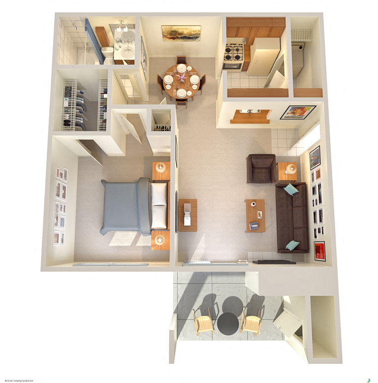 Floor plan for 1 bed, 1 bath, 612 sqft